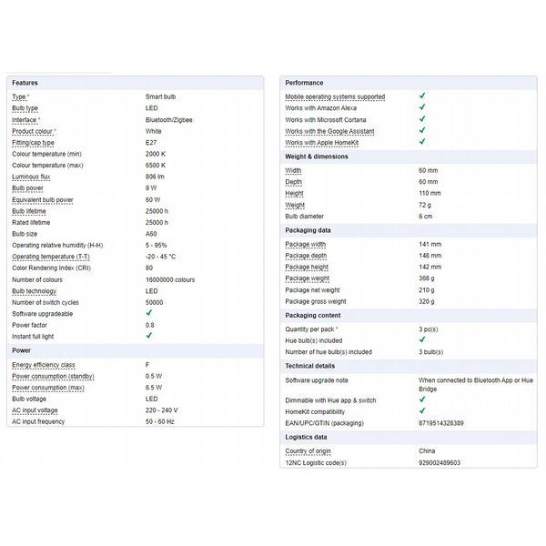 Philips Hue 6.5W A60 E27 3p EUR