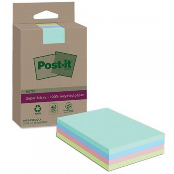 Post-it Super Sticky Recycled Notes Lined 102x152mm 45 Sheets Assorted (Pack of 4) 4645-