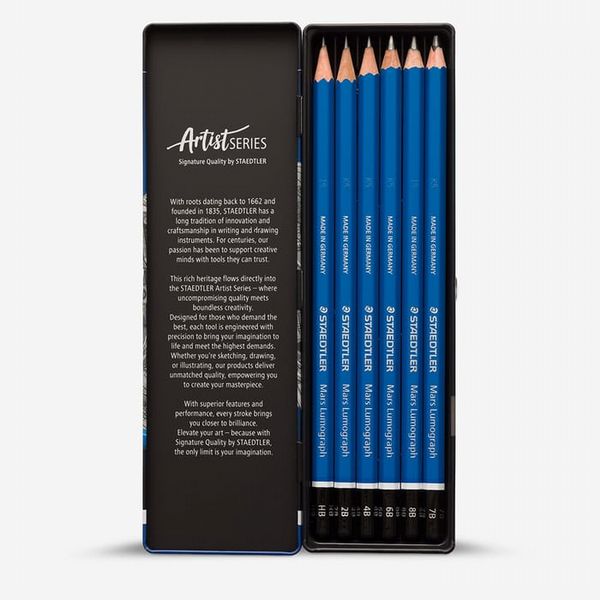  Staedtler : Mars Lumograph Set of 6 Sketching Pencils in metal tin sizes 8B - 7B...